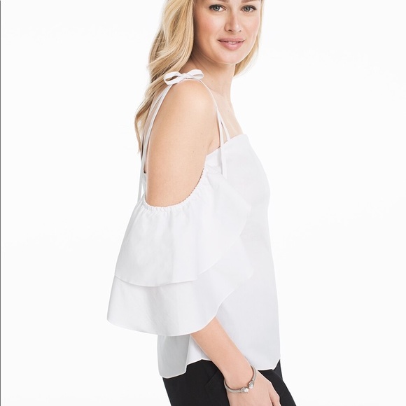 White House Black Market White Cold Shoulder Blouse Size 0 NWT - Picture 3 of 7